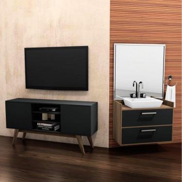 Imagem de Conjunto para Sala de Estar com Rack para TV até 65 Polegadas e Gabinete Suspenso Estilare Preto/Marrom