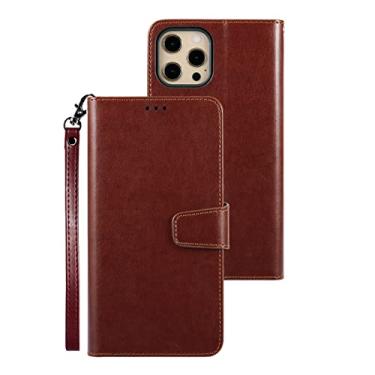 Imagem de GSYH Capa para iPhone 13 Pro Max/13 Pro, capa carteira de couro legítimo flip magnética suporte para cartão capa à prova de choque alça de pulso de proteção de câmera, marrom, 13pro 15,1 cm