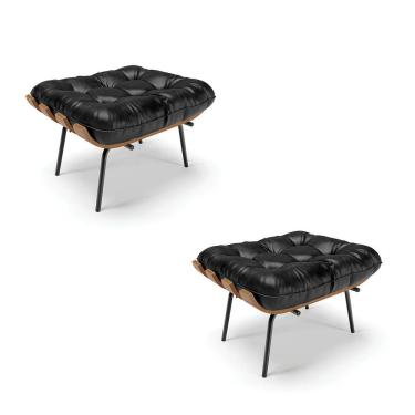 Imagem de Kit 02 Puffs Costela Corano Base Metálica Preto - D`Rossi