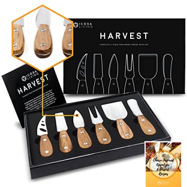 Imagem de Conjunto de 6 facas para queijo da HARVEST (pronto para presente) – Facas de queijo de aço inoxidável premium com rebites, lâminas completas e acessórios para tábua de charcutaria com cabo de madeira de teca com 15 receitas natalinas