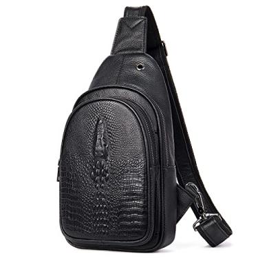Imagem de Bolsa tiracolo de couro de crocodilo com alça de couro, 3 bolsas de ombro a tiracolo com zíper para viagens, caminhadas, transporte diário, Preto, Small, Crocodilo