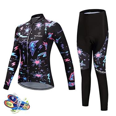 Imagem de Conjunto de camisa de ciclismo respirável feminino manga longa 3D calças de gel com zíper completo para equitação com bolsos meia-calça de bicicleta à prova de vento, B, 2GG (peito: 106cm)