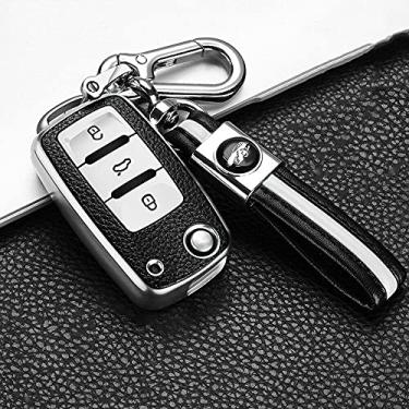 Imagem de YJADHU Capa de chave de carro de couro TPU 3 botões dobrável controle remoto, apto para VW Volkswagen Golf 6 Polo Passat Seat Ibiza Leon Skoda Octavia Fabia, prata com chaveiro