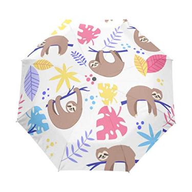 Imagem de U LIFE Guarda-chuva com bicho-preguiça tropical, folhas de palmeira, animal, abre automaticamente, guarda-chuva antiUV dobrável, compacto e automático