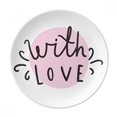 Imagem de Prato decorativo com citação rosa com amor de porcelana salver louça de jantar
