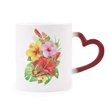Imagem de Caneca de grés com flores buquê borboleta melhor desejo, sensível ao calor, muda de cor vermelha