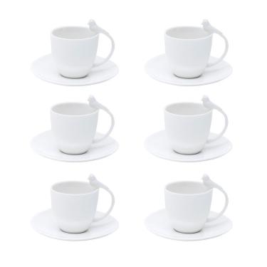 Imagem de Cj 6 Xícaras P/Café C/Pires de Porcelana Birds Branco 85ml Wolff