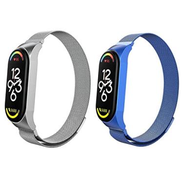Imagem de Kit 2 Pulseira magnética de metal para Xiaomi Band 7 6 5 4 3, pulseira de substituição de aço inoxidável ajustável para smartwatch, adequada para mulheres, homens, esportes e trabalho. (Mi Band 7, Prata + azul escuro)