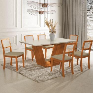 Imagem de Mesa Jantar Luxo Safira 160x90 Off White com 6 Cadeiras Palha em Veludo Bege Telinha Madeira Maciça 