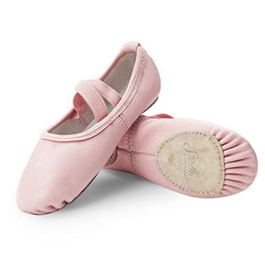 Imagem de Stelle Sapatilhas de balé para meninas, sapatos de bailarina de couro genuíno para crianças/crianças pequenas/crianças grandes, Rosa (sem amarração), 19
