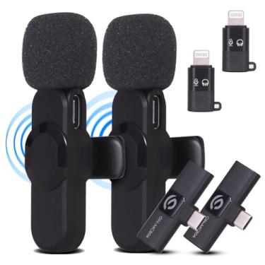 Imagem de Kit 2 Microfone de Lapela Sem Fio Wireless Tipo C Android Profissional 20 Metros Adaptador Lightning Iphone ios Presilha para Camisa Transmissão Reunião Palestra Gravação de Vídeo TikTok YouTube