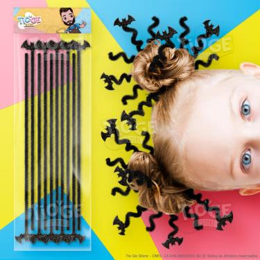 Imagem de Cabelo Maluco Halloween Hastes Flexíveis de Pelúcia Chenille Eva Glitter Morcego Preto 10 unid