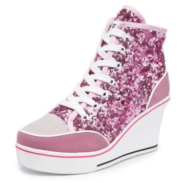 Imagem de Tênis feminino de salto alto Jiu du com lantejoulas de camurça e cadarços, Pink Sequin, 9