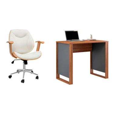 Imagem de Conjunto de Mesa Morada Amendola e Grafito com Cadeira de Escritório Diretor Giratória Antonella Branca