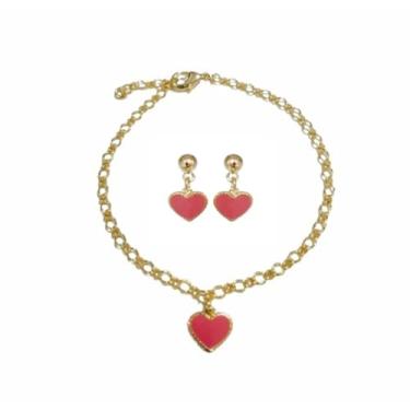 Imagem de Kit Infantil Pulseira e Brinco Folheado Ouro 18k Antialérgico (Coração Rosa Bebê)