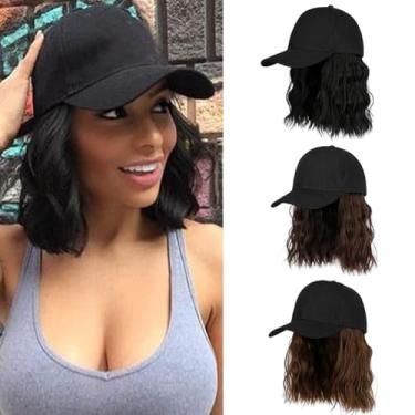 Imagem de Saisifen Perucas De Chapéu Femininas Water Wave Bob Black Baseball Cap Wigs para Mulheres Com Cabelo Sintético Marrom Claro