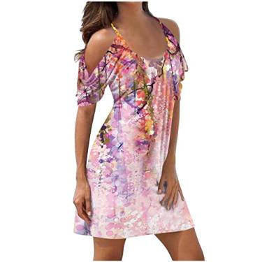 Imagem de I-324 Vestido feminino rosa de manga curta com ombro vazado estampado de flores para mulheres gola redonda praia brunch havaiano tropical longo outono verão vestido 2024 roupas moda A4 XXL