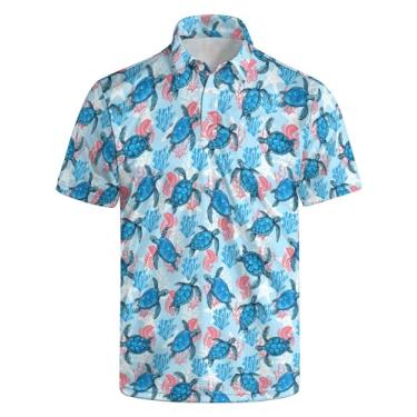Imagem de Camisetas polo masculinas engraçadas de golfe com estampa de flashes para homens camisas polo atléticas de desempenho para presentes de golfe, Tartaruga marinha, GG
