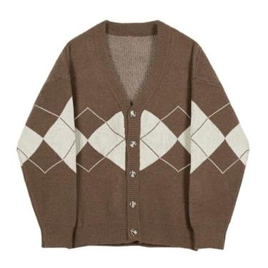 Imagem de Suéter masculino de malha com estampa de losango, cardigã com botões, gola V, suéter de manga comprida, Marrom-escuro, G