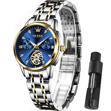 Imagem de OLEVS Relógios automáticos femininos sem bateria, relógio mecânico de pulso pequeno, luxuoso, à prova d'água, turbilhão, prata e dourado, Mostrador azul, round, relógios automáticos femininos
