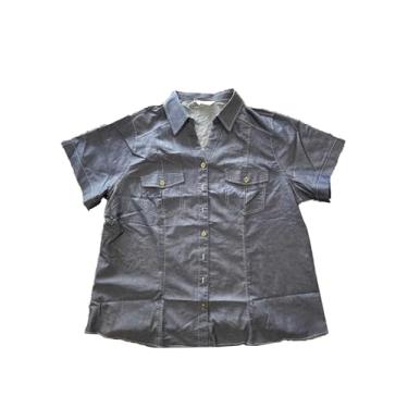 Imagem de Agnes Orinda Camisas de cambraia plus size para mulheres, camisas de trabalho, manga curta, cambraia com botões 2024, Preto, azul, 3X