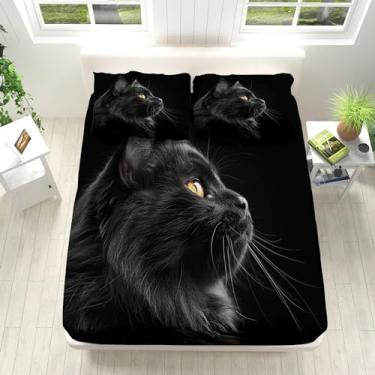 Imagem de Eojctoy Jogo de lençol solteiro - 4 peças - lençol com estampa de gato preto animal barbudo - 100% microfibra escovada lençol com elástico 40,6 cm com bolso extra profundo - lençol preto macio