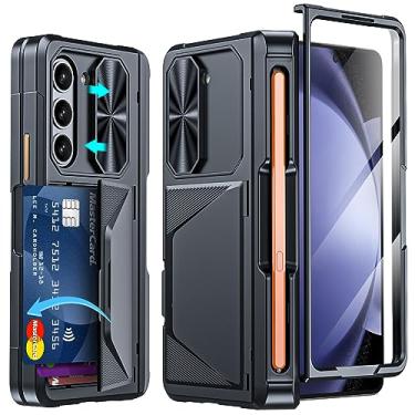 Imagem de GooseBox Capa para Galaxy Z Fold 5 com suporte para caneta S e porta-cartão, proteção de dobradiça e capa de lente de privacidade deslizante e protetor de tela integrado capa carteira resistente à prova de choque para Galaxy Fold 5 (preto)