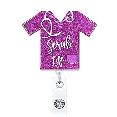 Imagem de ANDGING Carretel de crachá de enfermeira Scrub Life com glitter roxo retrátil para enfermeiras crachá engraçado RN Clip CNA LPN LVN Porta-crachá com clipe jacaré Presentes essenciais para estudantes de enfermagem médica