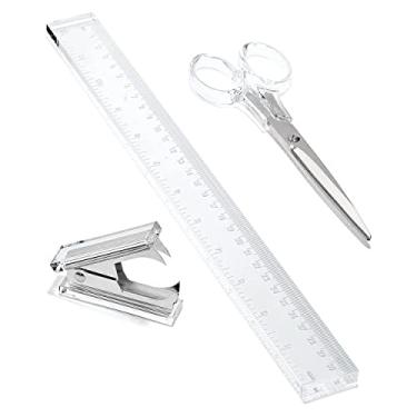 Imagem de Conjunto de acessórios de mesa de acrílico e prata da OfficeGoods – régua de 30,48 cm, tesoura de aço inoxidável de 16,51 cm e removedor de grampeador – para o seu escritório de todos os dias precisa com estilo – Bonito e clássico