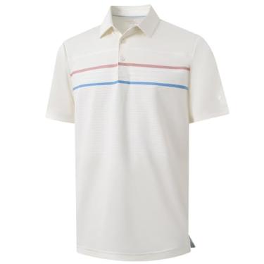 Imagem de Rouen Camisa polo masculina, manga curta, ajuste seco, leve, sem rugas, casual, atlética, listrada, camiseta de golfe masculina, Creme, XXG