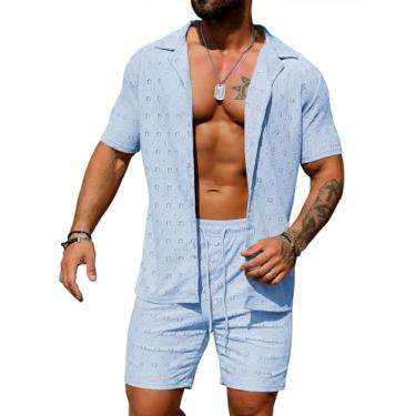 Imagem de URRU Conjunto masculino de 2 peças de verão para praia, transparente, manga curta, floral, renda, conjunto de camisetas e shorts, Azul claro, M