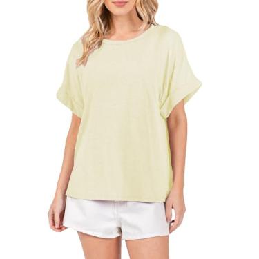 Imagem de Camisetas femininas de verão grandes gola redonda enroladas manga curta blusa casual camiseta básica moda roupas modernas, Creme, P