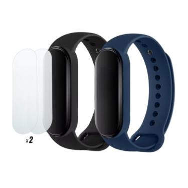 Imagem de Kit 2 Pulseiras extras compatíveis com xiaomi mi band 4 / mi band 5 / mi band 6 / mi band 7 / mi band 8 / mi band 9 + 2x Película Protetora Gel Ultra-Slim (Preto+Azul Mi band 5/Mi band 6/Mi band 7 +2x peliculas)