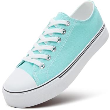 Imagem de ZGR Tênis feminino branco feminino, tênis de lona com cadarço, sapatos casuais de lona para caminhada, Verde claro, 36
