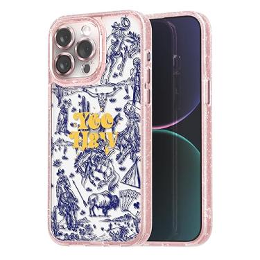 Imagem de casevivid Capa para iPhone 15 Pro bonita estética - capa de telefone rosa brilhante com protetor de câmera - Capa feminina com estampa de oeste selvagem com design de alça de pulso para mulheres e meninas de 6,1 polegadas