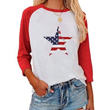 Imagem de ZUNQKG Camisetas femininas com bandeira da América das Estrelas, manga 3/4, gola redonda, raglan, patchwork, 4 de julho, patriótica, Manga A-3/4 vermelha, P