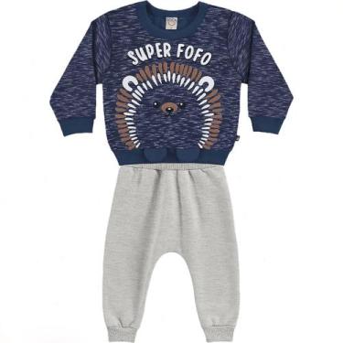 Imagem de Conjunto longo bebê em moletom azul marinho e mescla estampado porco e