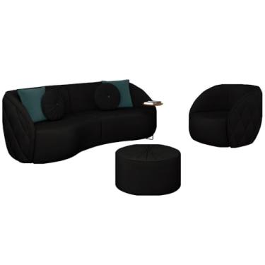 Imagem de Conjunto Decorativo Sofá 240cm e Poltrona Clarke com Puff Round Veludo Preto G45 - Gran Belo