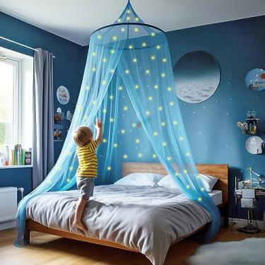 Imagem de Dossel azul para cama de meninas com estrelas pré-coladas que brilham no escuro - decoração de quarto de princesa - barraca de quarto de crianças e bebês com luzes de galáxia - 1 cama de dossel de