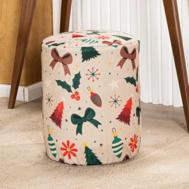Imagem de Capa de Puff Redondo Grande Estampada Natalina Avulsa Ajustável com Elástico - Tecido Veludo Suede Decoração Natal Banquinho Cilindro Sala Quarto Pufe Banco Protetor Centro (Laços Bege)