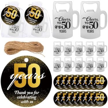 Imagem de Havawish 25 conjuntos de lembrancinhas de festa de aniversário de 50 anos para convidados abridor de garrafas em forma de cerveja chaveiro Cheers and Beers to 50 Years abridor de garrafas com cartão