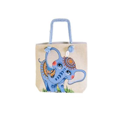 Imagem de Bolsa de lona de algodão com estampa de elefante, fecho de zíper, pequenos bolsos internos e externos com zíperes. Feito em SRILANKA, Off White e azul claro, Large