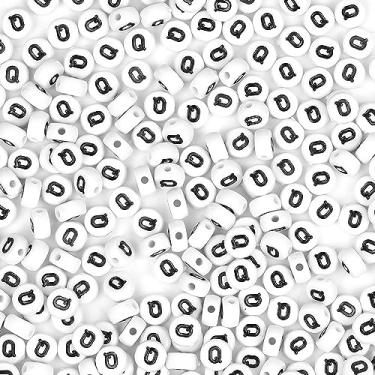 Imagem de Auvoua 300 peças de contas de letras Q 4 x 7 mm contas brancas do alfabeto acrílico forma redonda contas soltas para nome pulseiras colares chaveiros DIY fabricação de joias (Q)