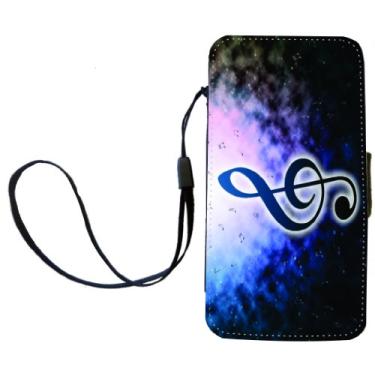 Imagem de Rikki Knight Capa carteira flip com notas musicais azuis sobre fundo esfumaçado com aba magnética para Apple iPhone 4 e 4s