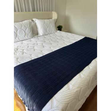Imagem de Peseira Manta Trico Cama Casal 180x60cm Trançada - Calu Tricot, Azul M