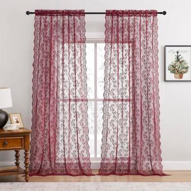 Imagem de FOLKSIDE Cortinas de renda bordô 203 cm de comprimento, 2 painéis - Marrom romântico moderno para quarto e sala de estar, cortinas francesas transparentes com bolso de varão, decoração de rosa floral