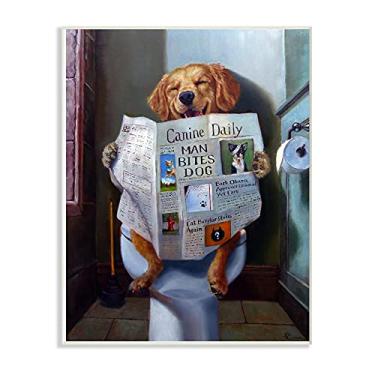 Imagem de Stupell Industries Placa de parede com pintura divertida Dog Reading the Newspaper On WC, 25 x 38 cm, design da artista Lucia Heffernan