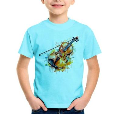 Imagem de Camiseta Infantil Violino Watercolor - Foca na Moda, Azul claro, 4