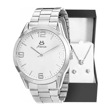 Imagem de Colar + brincos + relogio feminino prata aço inox + caixa presente strass moda casual social