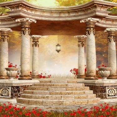 Imagem de Gazebo de mármore, flores vermelhas, fundo fotográfico, festa de aniversário, férias ao ar livre, tema de fotografia, lua de mel, viagem, decoração de casamento, adultos, retrato de vinil, suporte de